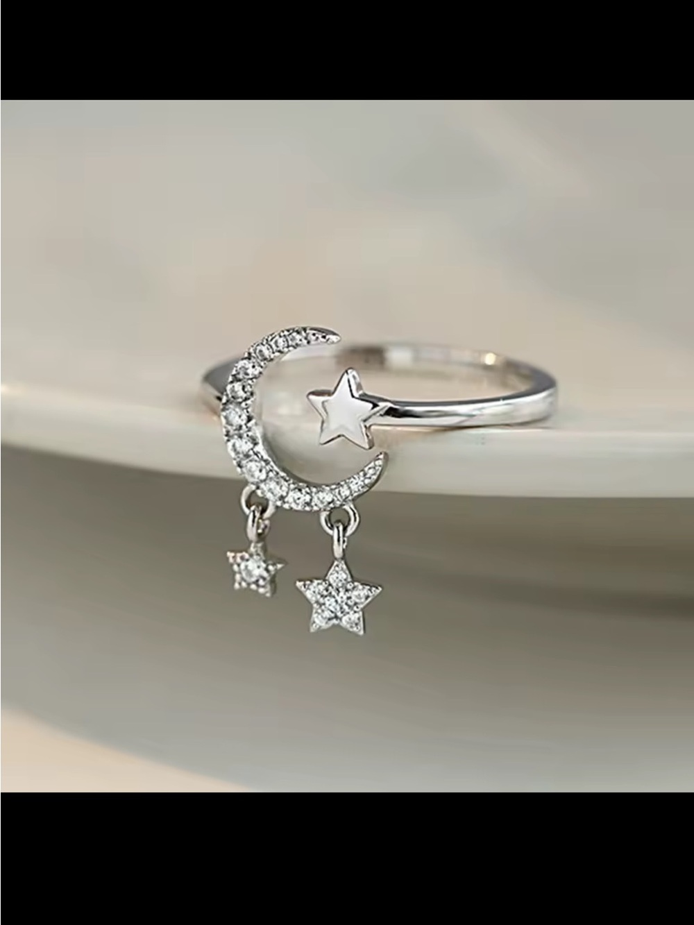 Silver Moon & Star CZ Dangle Ring - 925 Sterling Silver